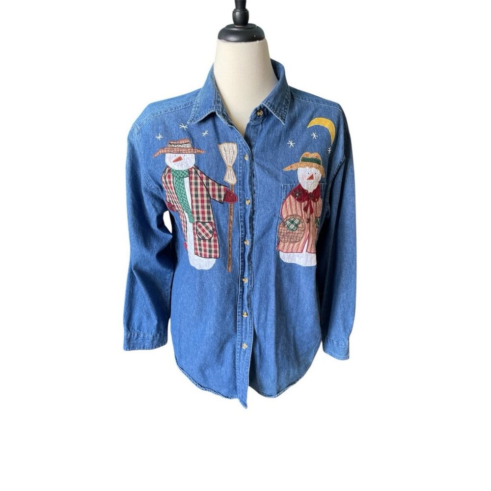 Vintage Haiks Denim Shirt With Snowman & Christmas Tree Appliqués Womens M 100%